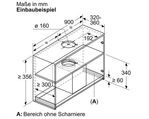 Einbaubeispiel einer Dunstabzugshaube mit Maßangaben in Millimeter