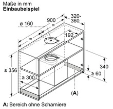 Einbaubeispiel einer Dunstabzugshaube mit Maßangaben in Millimeter