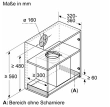 Maße Zeichnung einer Dunstabzugshaube mit Maßangaben in Millimeter
