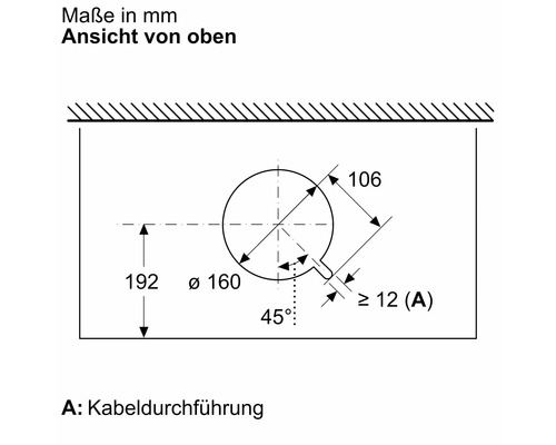 Maße des Produkts mit Kabelführung in Millimeter, Ansicht von oben