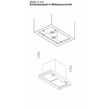Einbaubeispiel einer Dunstabzugshaube mit Maßangaben für den Möbelausschnitt.