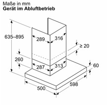 Dimensions de la hotte aspirante en mode extraction d'air en millimètres