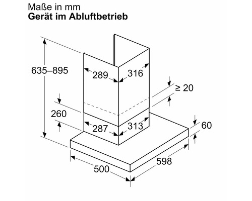 Dimensions de la hotte aspirante en mode extraction d'air en millimètres