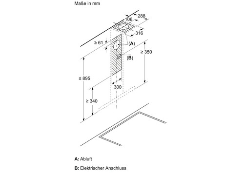 Dimensions d'une hotte aspirante avec extraction d'air et raccordement électrique