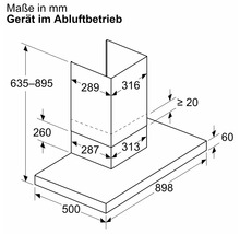 Dimensions d'une hotte aspirante pour fonctionnement en extraction d'air, avec indications de hauteur, largeur et profondeur en millimètres.