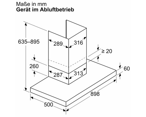 Dimensions d'une hotte aspirante pour fonctionnement en extraction d'air, avec indications de hauteur, largeur et profondeur en millimètres.