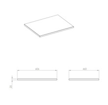 Zeichnung einer Waschtischplatte mit den Maßen 606 x 460 x 20 Millimeter.