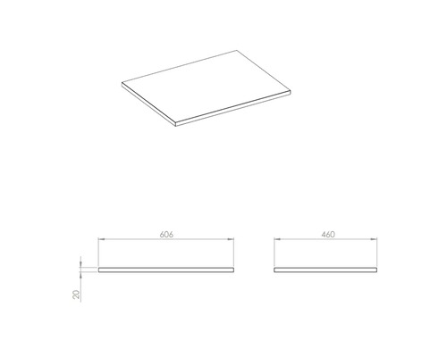 Zeichnung einer Waschtischplatte mit den Maßen 606 x 460 x 20 Millimeter.