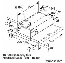Masszeichnung einer Dunstabzugshaube mit diversen Massangaben in Millimetern