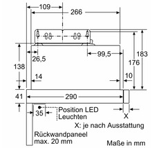 Technische Zeichnung einer Dunstabzugshaube mit Maßangaben in Millimeter