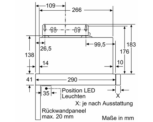 Technische Zeichnung einer Dunstabzugshaube mit Maßangaben in Millimeter