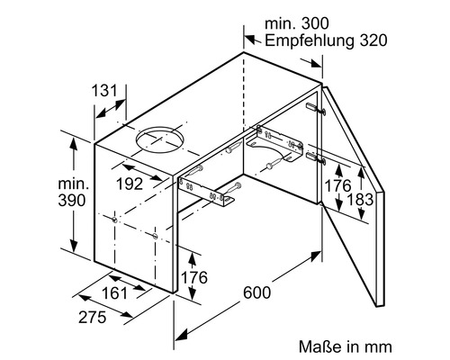 Maße einer Dunstabzugshaube mit Details in Millimeter