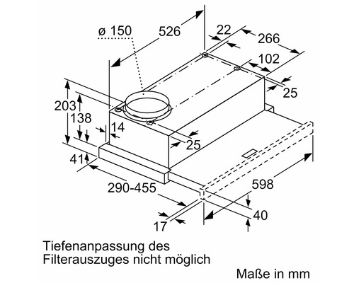 Technische Zeichnung einer Dunstabzugshaube mit Maßangaben