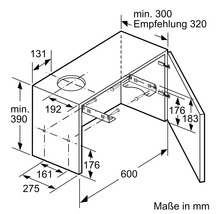 Maßzeichnung eines Hängeschranks mit verschiedenen Maßangaben in Millimeter.