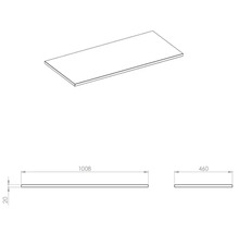 Skizze einer Arbeitsplatte mit den Maßen 1008 mm Länge, 460 mm Breite und 20 mm Dicke.