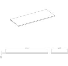 Zeichnung einer Tischplatte mit den Maßen 1210 x 460 x 20 Millimeter.