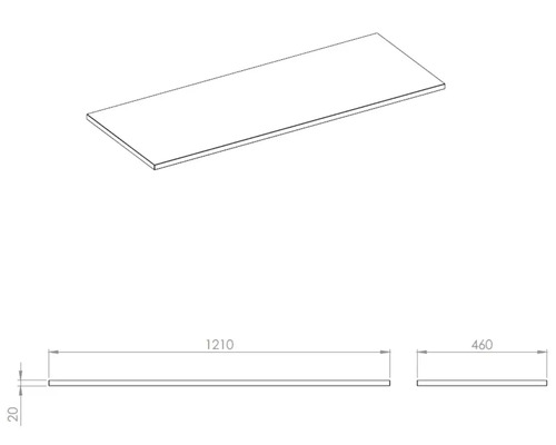 Illustration einer Arbeitsplatte mit den Maßen 1210 x 460 x 20 mm