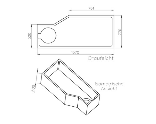 Dessin technique d'une baignoire avec dimensions