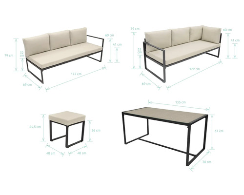 Ensemble de meubles de jardin avec canapé, table et tabouret avec dimensions