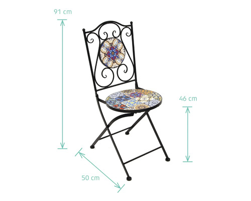 Chaise de jardin avec motif mosaïque, chaise pliante de dimensions 91 cm de haut, 50 cm de large et 46 cm de hauteur d'assise