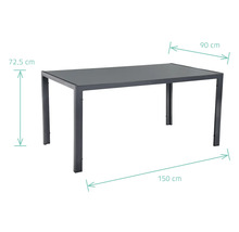 Table de jardin avec les dimensions 150 cm de longueur, 90 cm de largeur et 72,5 cm de hauteur