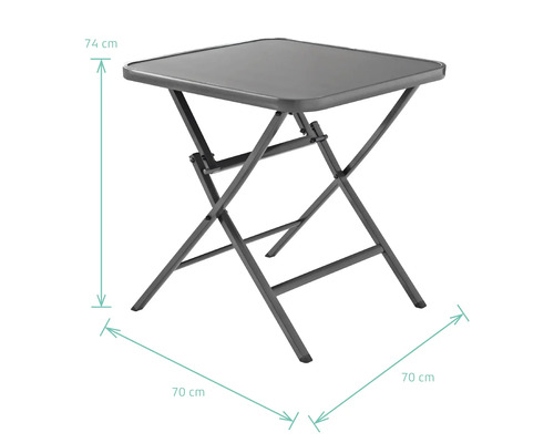 Quadratischer Klapptisch mit den Maßen 74 mal 70 Zentimeter.