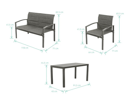 Ensemble de mobilier de jardin avec les dimensions