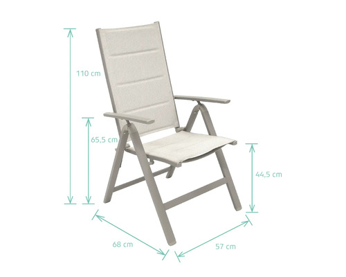Chaise de jardin avec accoudoirs et indications de dimensions