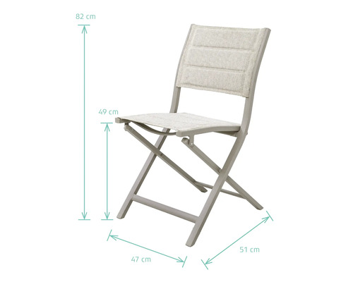 Fauteuil de jardin avec des dimensions de 82 cm de hauteur, 49 cm de hauteur d'assise, 47 cm de largeur et 51 cm de profondeur.