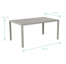 Table de jardin rectangulaire mesurant 150 centimètres sur 90 centimètres et d'une hauteur de 72,5 centimètres.