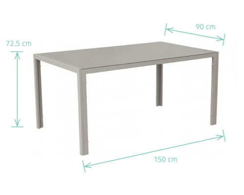 Table de jardin rectangulaire mesurant 150 centimètres sur 90 centimètres et d'une hauteur de 72,5 centimètres.