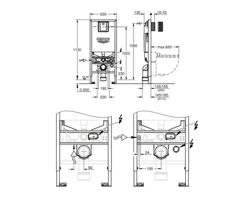Technische Zeichnung eines Grohe Spülkastens mit Maßangaben.