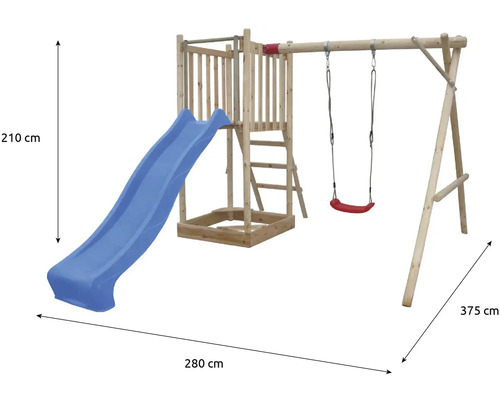 Spielturm aus Holz mit Rutsche, Schaukel und Sandkasten mit den Maßen 210 cm Höhe, 280 cm Breite und 375 cm Tiefe.