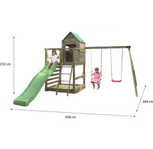 Tour de jeux avec balançoire et toboggan pour enfants, dimensions 430 x 364 x 252 centimètres