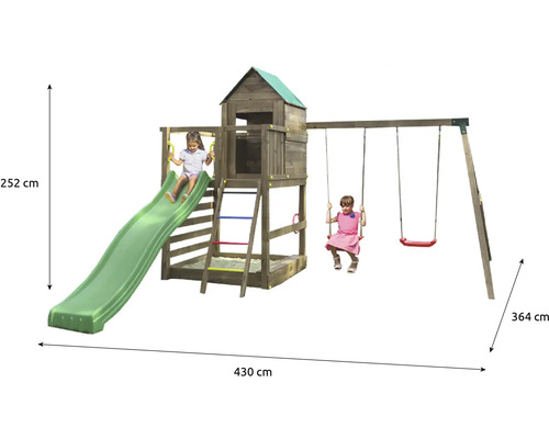 Tour de jeux avec balançoire et toboggan pour enfants, dimensions 430 x 364 x 252 centimètres