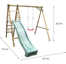 Tour de jeu en bois avec toboggan et balançoire mesurant 315 cm x 327 cm x 225 cm