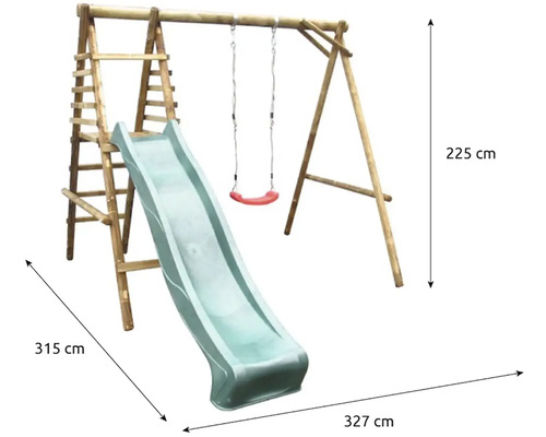 Tour de jeu en bois avec toboggan et balançoire mesurant 315 cm x 327 cm x 225 cm
