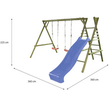 Balançoire en bois avec toboggan et échelle pour le jardin, dimensions 360 sur 360 sur 225 centimètres