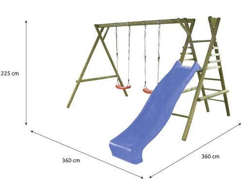 Balançoire en bois avec toboggan et échelle pour le jardin, dimensions 360 sur 360 sur 225 centimètres