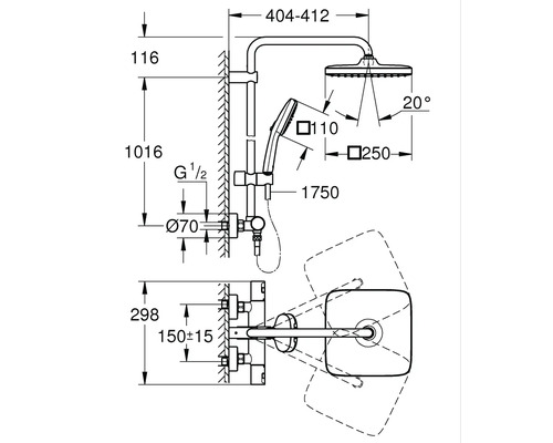 Schéma technique d'un système de douche avec dimensions