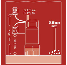 Schéma d'une pompe à eau avec des informations sur les dimensions et la hauteur de remplissage