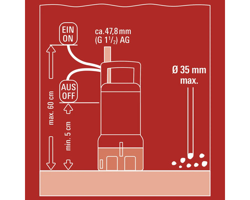 Schéma d'une pompe à eau avec des informations sur les dimensions et la hauteur de remplissage