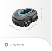 Gardena Mähroboter mit den Maßen 40,50 cm x 60,3 cm x 26,20 cm und einem Gewicht von 9,5 kg.