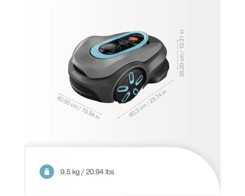 Gardena Mähroboter mit den Maßen 40,50 cm x 60,3 cm x 26,20 cm und einem Gewicht von 9,5 kg.
