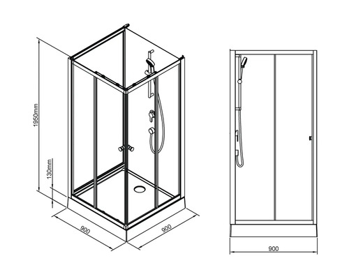 Technische Zeichnung einer Duschkabine mit Maßangaben