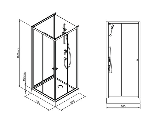 Technische Zeichnung einer Duschkabine mit den Maßen 800 x 800 x 1950 mm