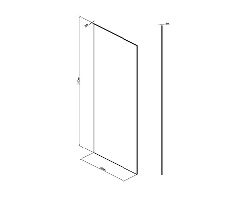 Dessin technique d'une paroi de douche avec des dimensions de 2100 mm de hauteur, 860 mm de largeur et 8 mm d'épaisseur.