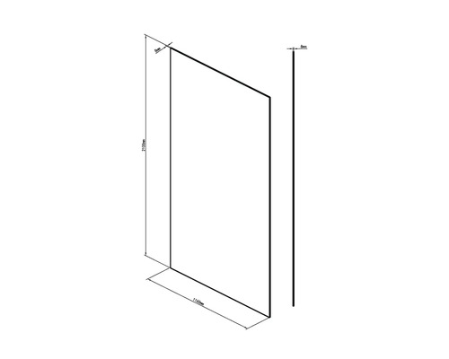 Schéma technique d'une paroi de douche avec des dimensions de 2100 mm de hauteur, 1160 mm de largeur et 8 mm d'épaisseur.