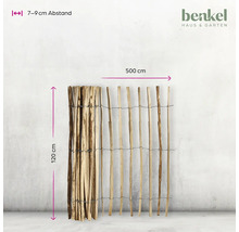 Holzzaun, 120 cm hoch und 500 cm breit, mit einem Abstand von 7 bis 9 cm zwischen den Stäben