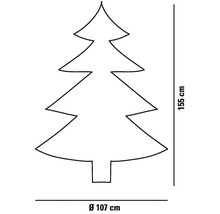 Silhouette de sapin de Noël avec des dimensions de 155 cm de hauteur et 107 cm de diamètre
